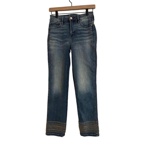 White House Black Market Jeans  0 Medium Wash Straight Leg Embroidered Hem Boho - Picture 1 of 5